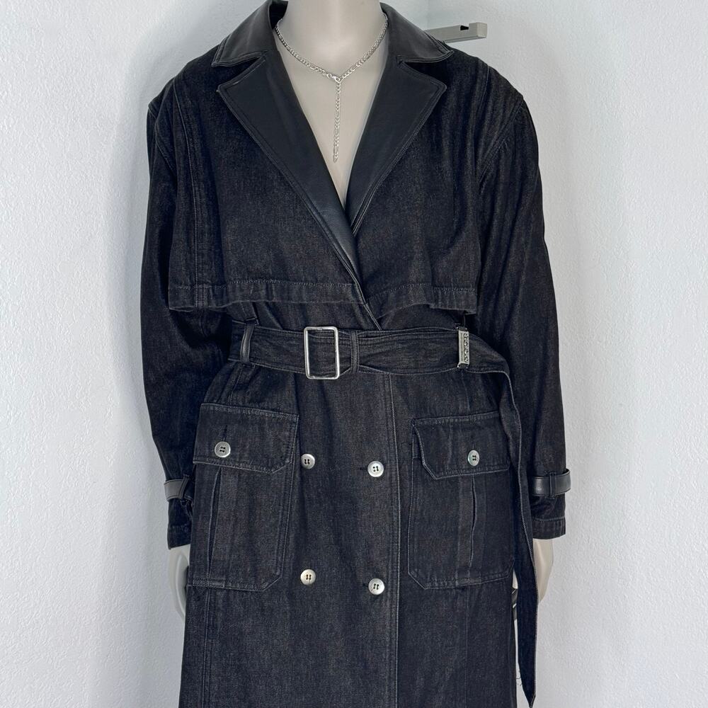 Vintage 90s Gray Denim Trench Coat Belted Faux Leather Together Goth Size 14